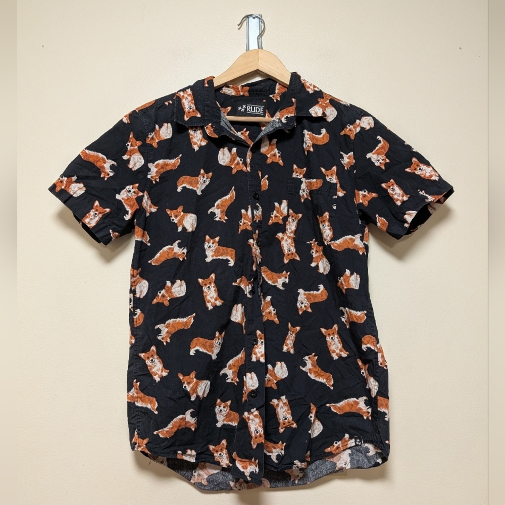 RUDE Corgi Print Short Sleeve Button-Up Shirt – Men’s Size s